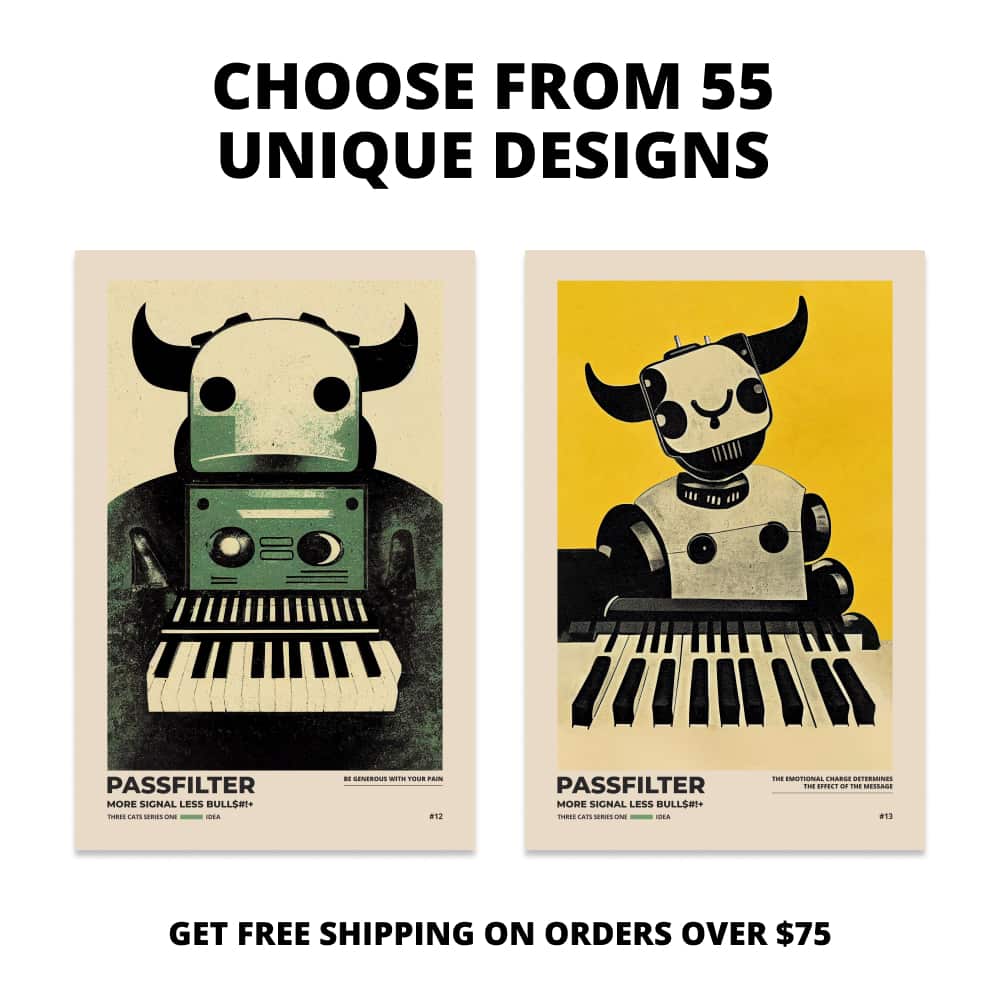 Two Passfilter posters side by side with text that says choose from 55 unique designs and free shipping on orders over $75.