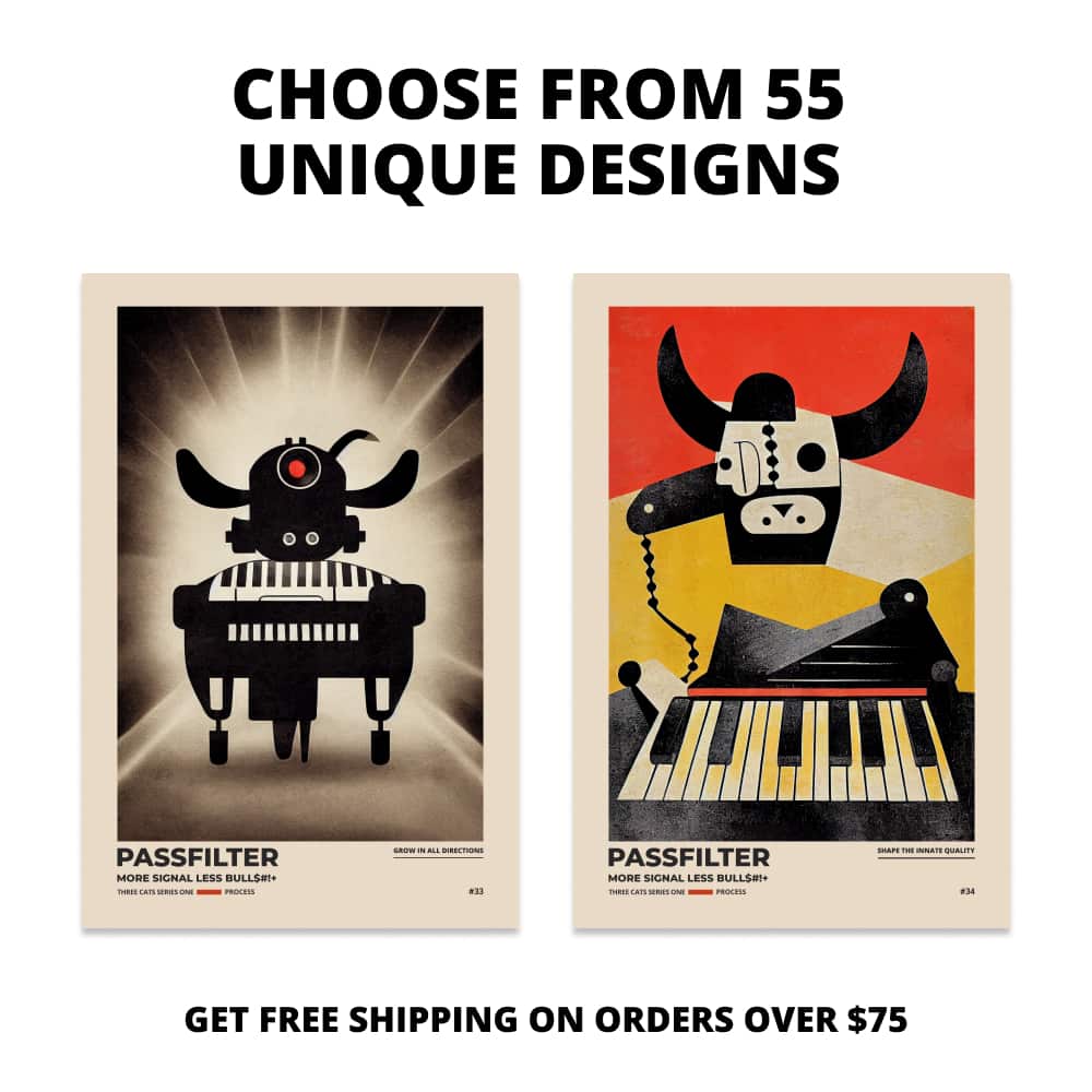 Two Passfilter posters side by side with text that says choose from 55 unique designs and free shipping on orders over $75.
