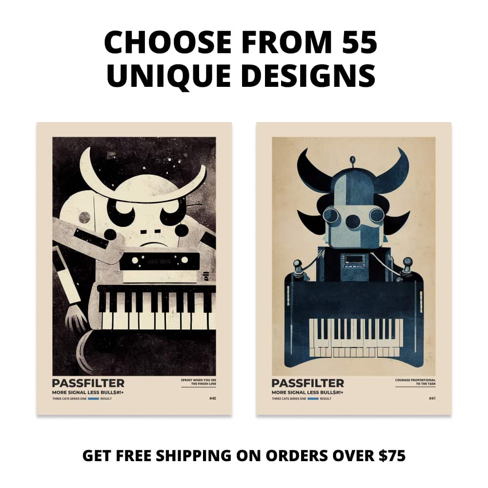 Two Passfilter posters side by side with text that says choose from 55 unique designs and free shipping on orders over $75.
