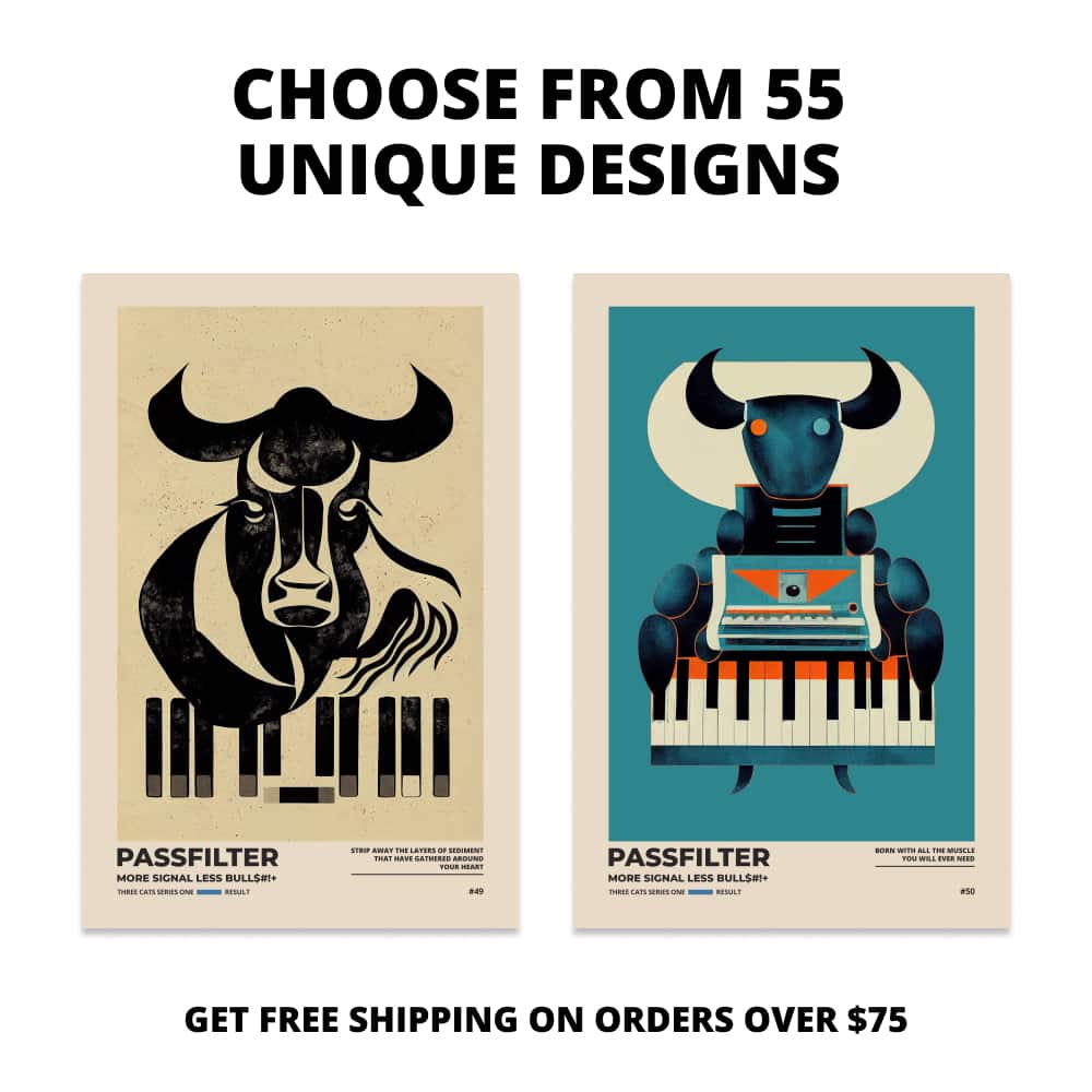 Two Passfilter posters side by side with text that says choose from 55 unique designs and free shipping on orders over $75.