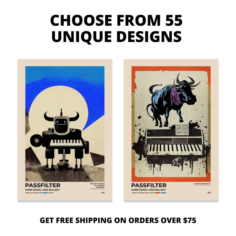 Two Passfilter posters side by side with text that says choose from 55 unique designs and free shipping on orders over $75.